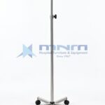 All stainless steel IV stand with telescopic pole, four hooks and a brushed stainless five-leg flat bar base on castors