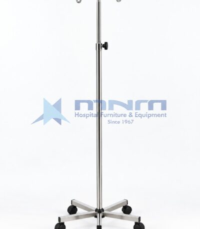 All stainless steel IV stand with telescopic pole, four hooks and a brushed stainless five-leg flat bar base on castors