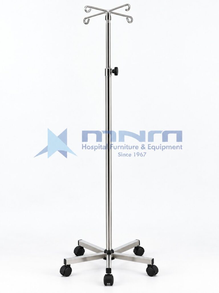 All stainless steel IV stand with telescopic pole, four hooks and a brushed stainless five-leg flat bar base on castors