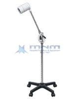LED examination lamp shown with the jointed arm folded upright against the pole for storage