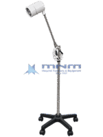 Mobile LED examination lamp with white cylindrical head, rigid jointed stainless arm, chrome pole and black five star base on castors