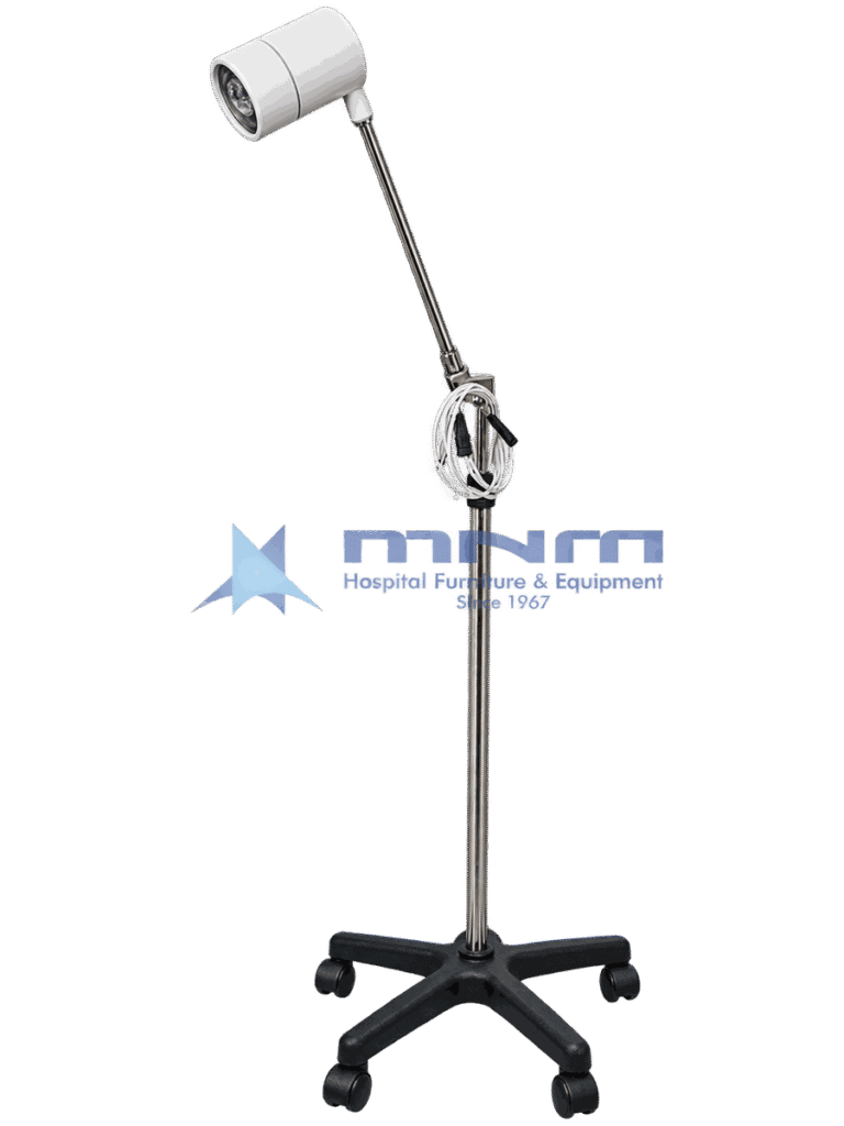 Mobile LED examination lamp with white cylindrical head, rigid jointed stainless arm, chrome pole and black five star base on castors