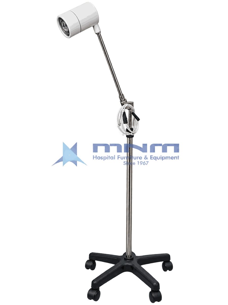 LED Examination Lamp with Adjustable Arm and Five Star Base Mobile LED examination lamp with white cylindrical head, rigid jointed stainless arm, chrome pole and black five star base on castors