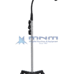 Mobile LED examination lamp with black flexible gooseneck arm, black head, chrome pole, inline switch and black five star castor base