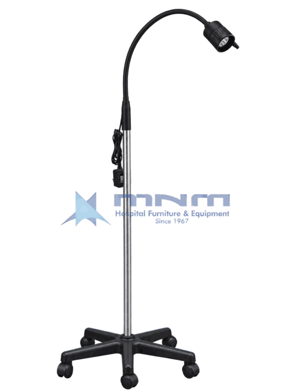 Mobile LED examination lamp with black flexible gooseneck arm, black head, chrome pole, inline switch and black five star castor base