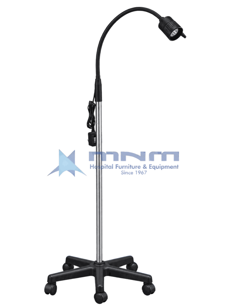Mobile LED examination lamp with black flexible gooseneck arm, black head, chrome pole, inline switch and black five star castor base