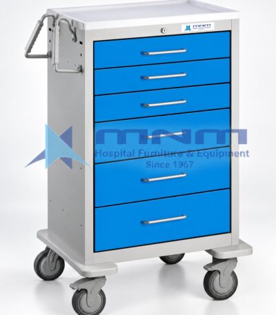 Lockable steel medicine trolley with six blue drawers, moulded ABS top tray, central barrel lock and side push handle on castors