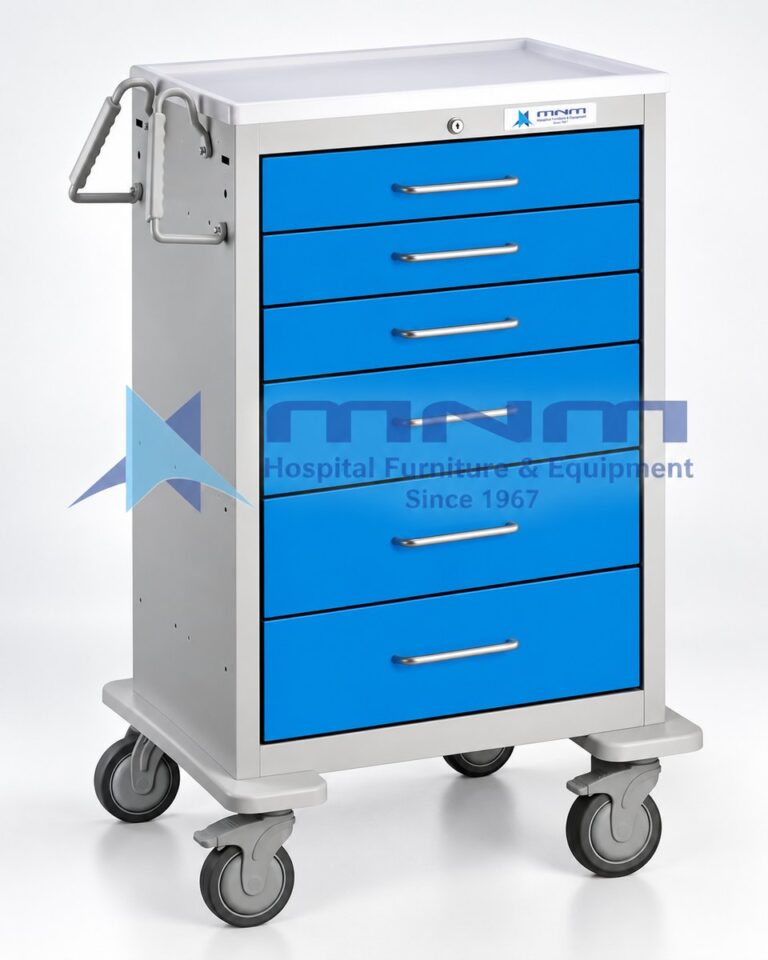 Lockable steel medicine trolley with six blue drawers, moulded ABS top tray, central barrel lock and side push handle on castors