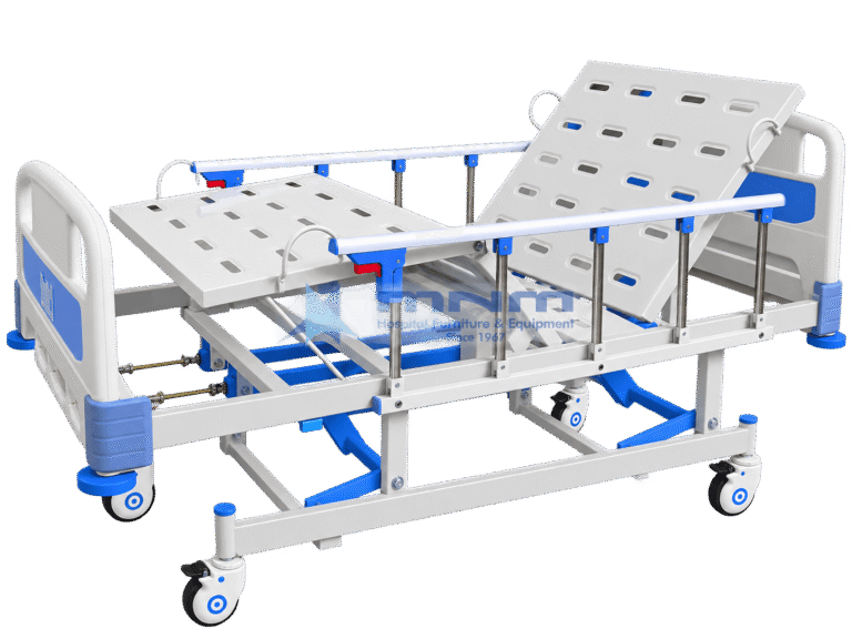 Manual 3 function hi-low hospital bed with backrest raised, perforated steel platform, collapsible aluminium side rails, crank handles at the foot end and castors with brakes