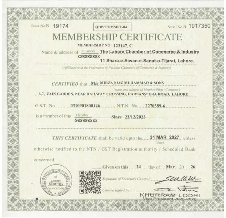 MNM Healthcare Lahore Chamber membership certificate
