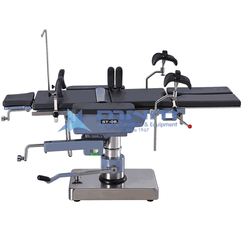 ST-08 operating table in side view with arm supports, shoulder braces, anaesthetic screen and IV pole fitted, slim column on a low stainless base