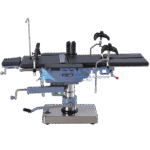 ST-08 operating table in side view with arm supports, shoulder braces, anaesthetic screen and IV pole fitted, slim column on a low stainless base