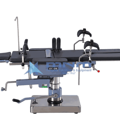 ST-08 operating table in side view with arm supports, shoulder braces, anaesthetic screen and IV pole fitted, slim column on a low stainless base
