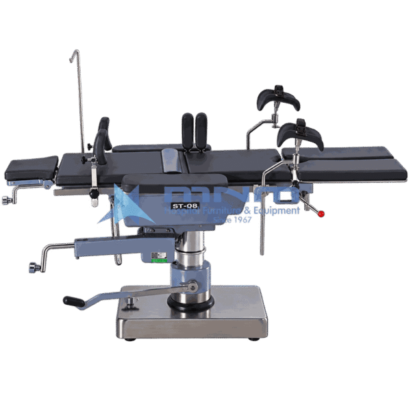 ST-08 operating table in side view with arm supports, shoulder braces, anaesthetic screen and IV pole fitted, slim column on a low stainless base