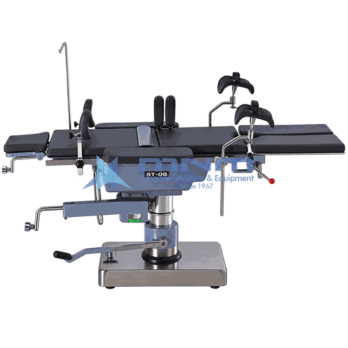 Operating Table ST-08 Side View with Accessories ST-08 operating table in side view with arm supports, shoulder braces, anaesthetic screen and IV pole fitted, slim column on a low stainless base