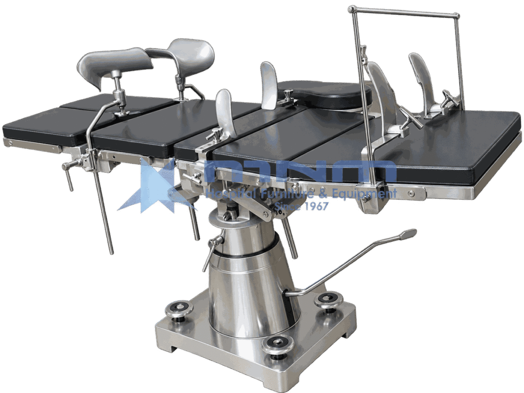 Operating table with dark upholstered top, arm supports, shoulder braces and anaesthetic screen, on a conical stainless column with four levelling pads