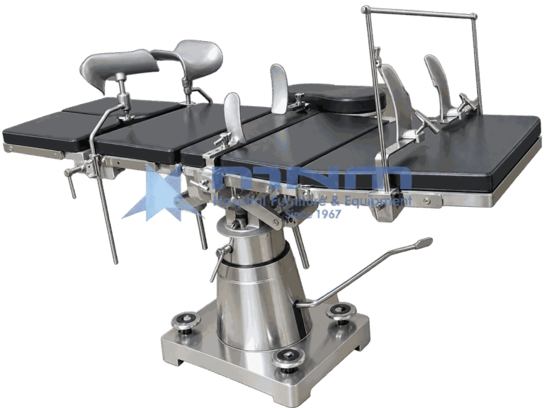 Operating table with dark upholstered top, arm supports, shoulder braces and anaesthetic screen, on a conical stainless column with four levelling pads
