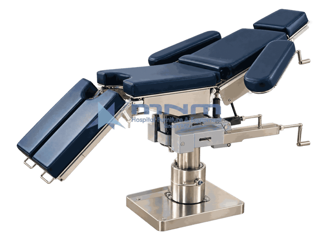 Operating table with navy upholstered multi section top, split leg sections and a cylindrical column on a flat stainless plate base