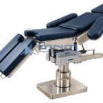Operating table with navy upholstered multi section top, split leg sections and a cylindrical column on a flat stainless plate base