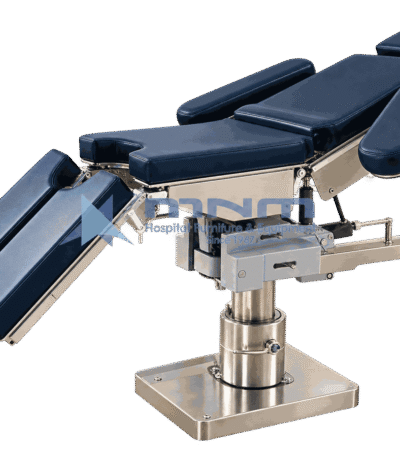 Operating table with navy upholstered multi section top, split leg sections and a cylindrical column on a flat stainless plate base