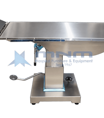 Stainless steel ophthalmology operation table with contoured one-piece top, hinged head section raised, hydraulic pedestal column, foot pump pedal and base handwheel