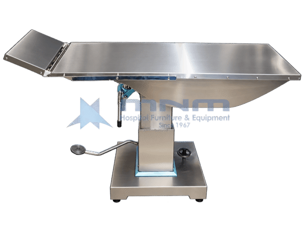 Stainless steel ophthalmology operation table with contoured one-piece top, hinged head section raised, hydraulic pedestal column, foot pump pedal and base handwheel
