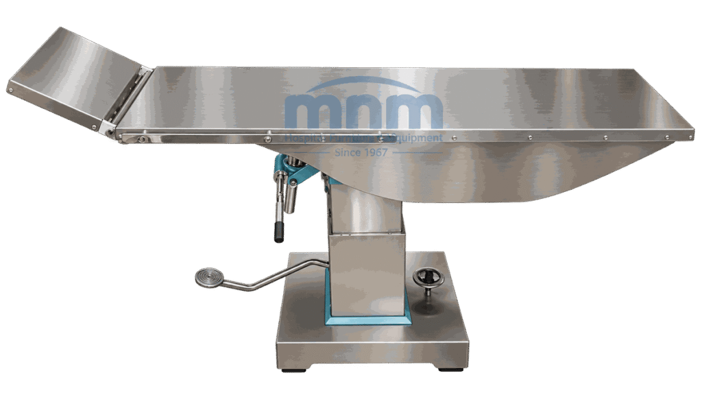 Stainless steel ophthalmology operation table with contoured one-piece top and hinged head section raised, on a pedestal column with foot pedal and handwheel