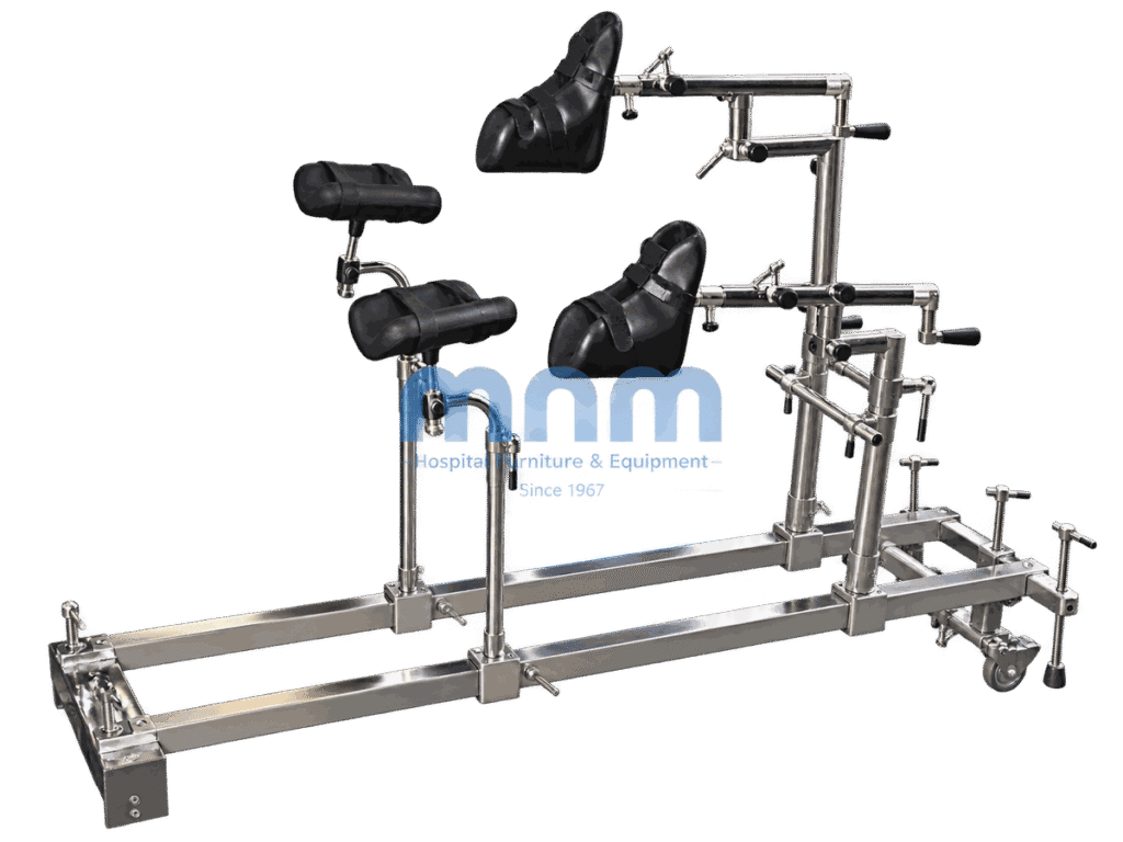 Stainless steel orthopaedic traction attachment with two padded boot holders, adjustable perineal post and knee supports on a rail frame