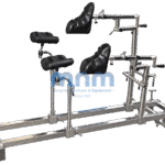 Stainless steel orthopaedic traction attachment with two padded boot holders, adjustable perineal post and knee supports on a rail frame