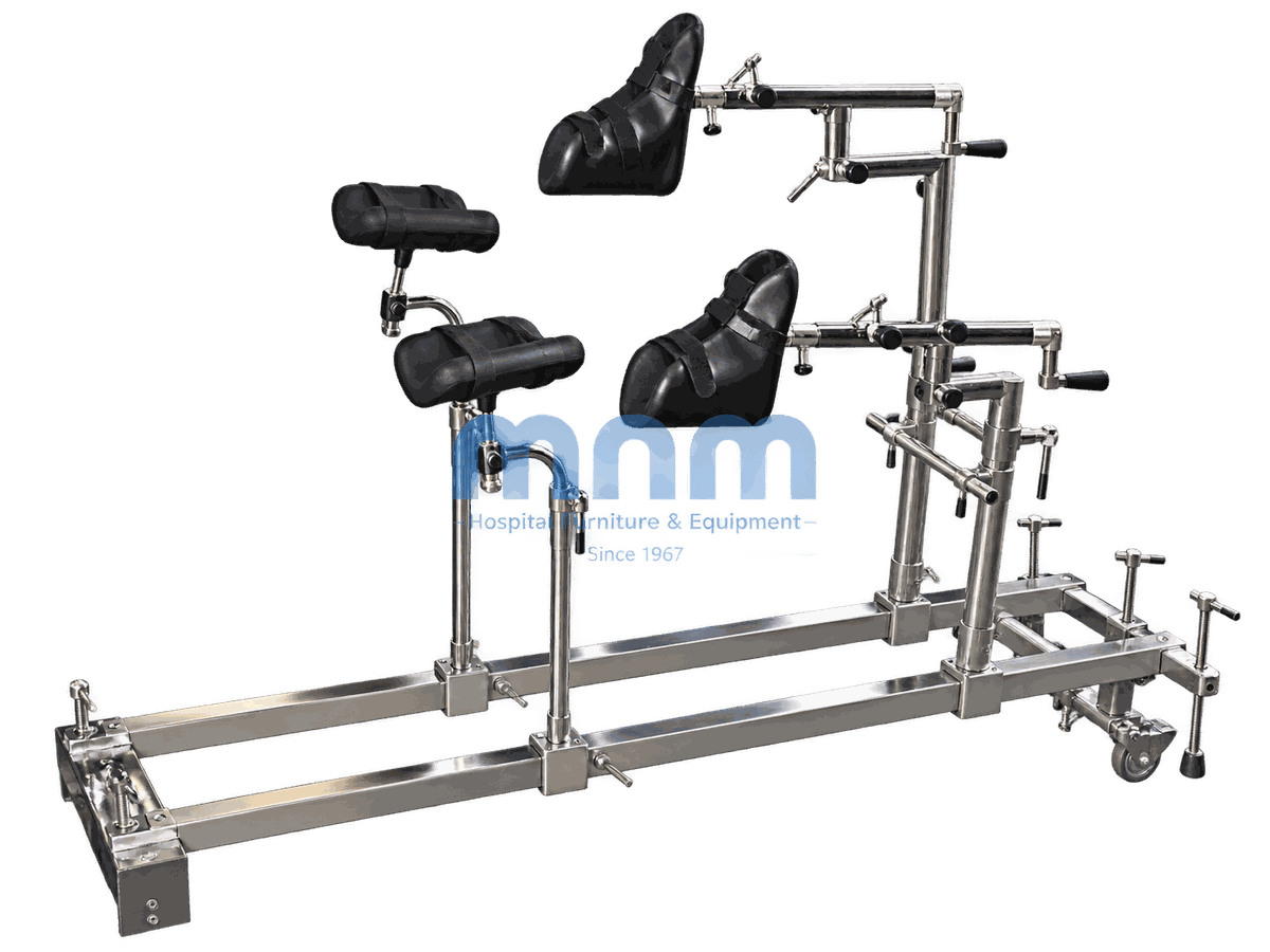 Orthopaedic Traction Attachment for Operating Table with Boot Holders Stainless steel orthopaedic traction attachment with two padded boot holders, adjustable perineal post and knee supports on a rail frame