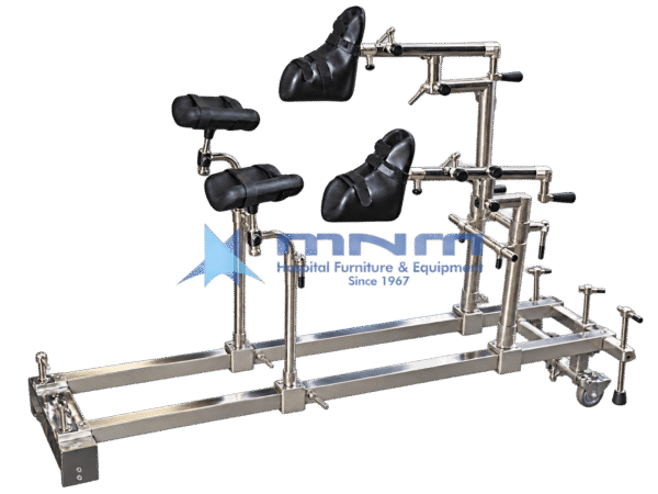 Stainless steel orthopaedic traction attachment with two padded boot holders on adjustable arms, padded leg supports, perineal post and a rail frame with castor
