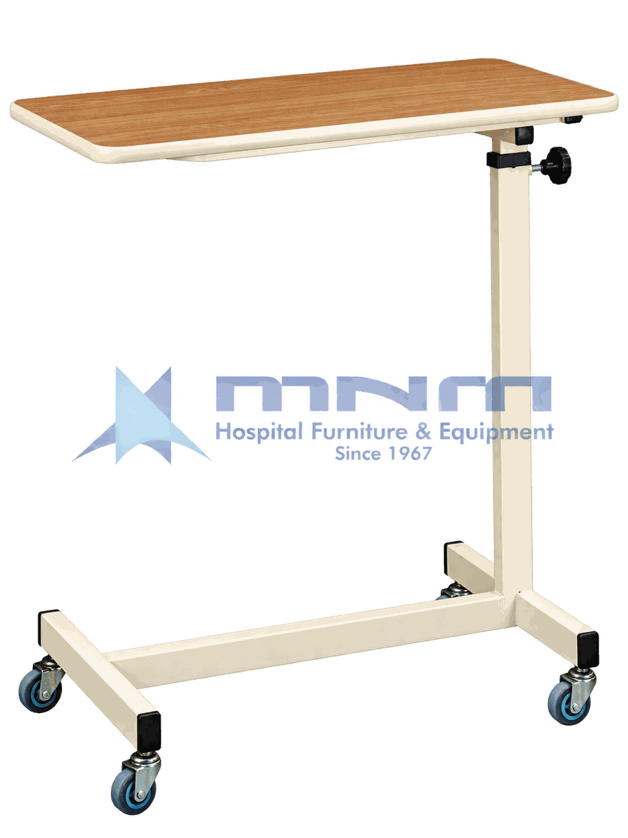 Overbed Table with Wood Laminate Top and Height Adjustment Hospital overbed table with wood-effect laminate top, moulded edge trim, cream powder-coated column with knob height lock and an H-shaped base on four castors