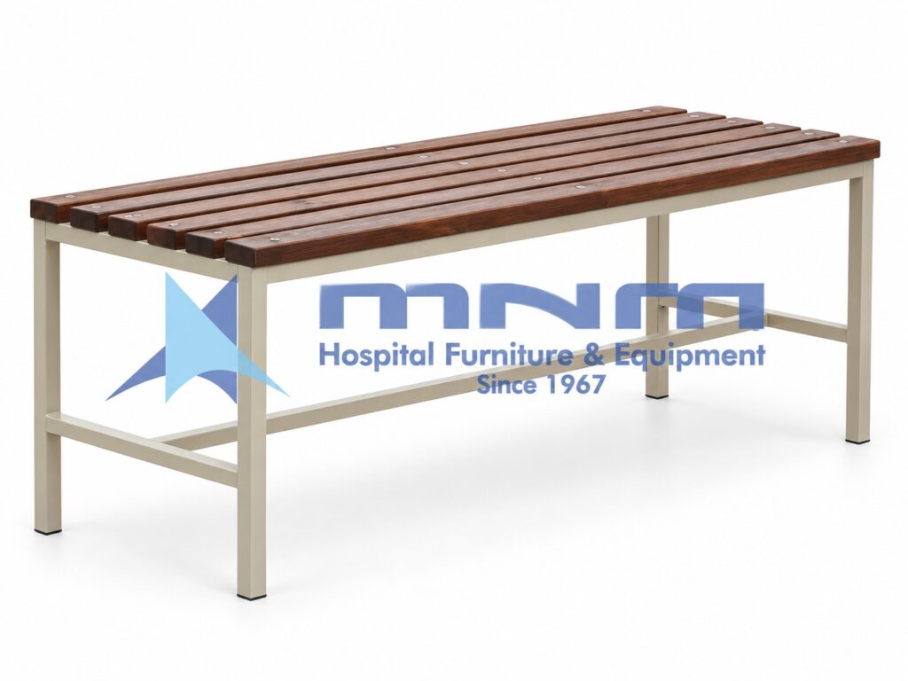 Hospital attendant bench with a wooden slat seat on a cream powder-coated steel frame