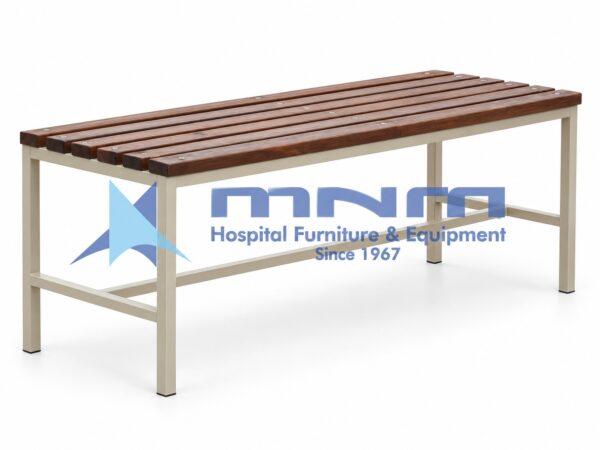 Hospital attendant bench with a wooden slat seat on a cream powder-coated steel frame