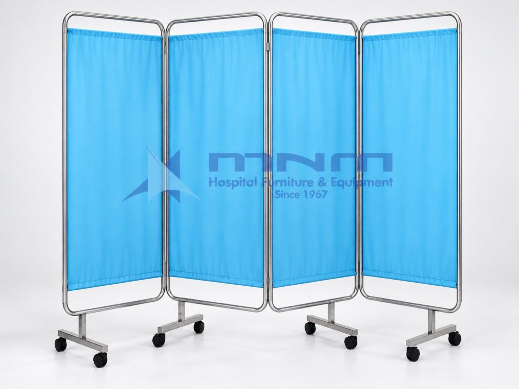 Patient Privacy Screen Stainless Steel Ward Screen MNM-PR-4014 - four panel ward screen with blue curtains, stainless steel frame on castors