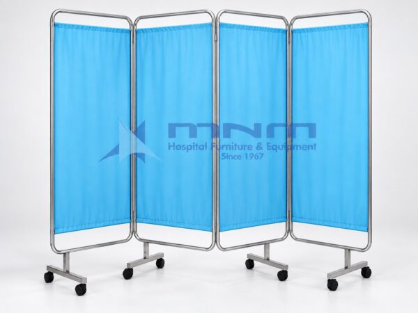 Patient Privacy Screen Stainless Steel Ward Screen MNM-PR-4014 - four panel ward screen with blue curtains, stainless steel frame on castors
