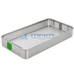 Perforated stainless steel sterilization basket with round hole perforations on base and sides, folding handles and a green identification clip