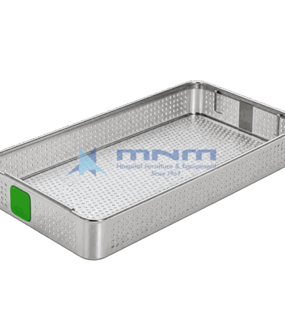 Perforated stainless steel sterilization basket with round hole perforations on base and sides, folding handles and a green identification clip