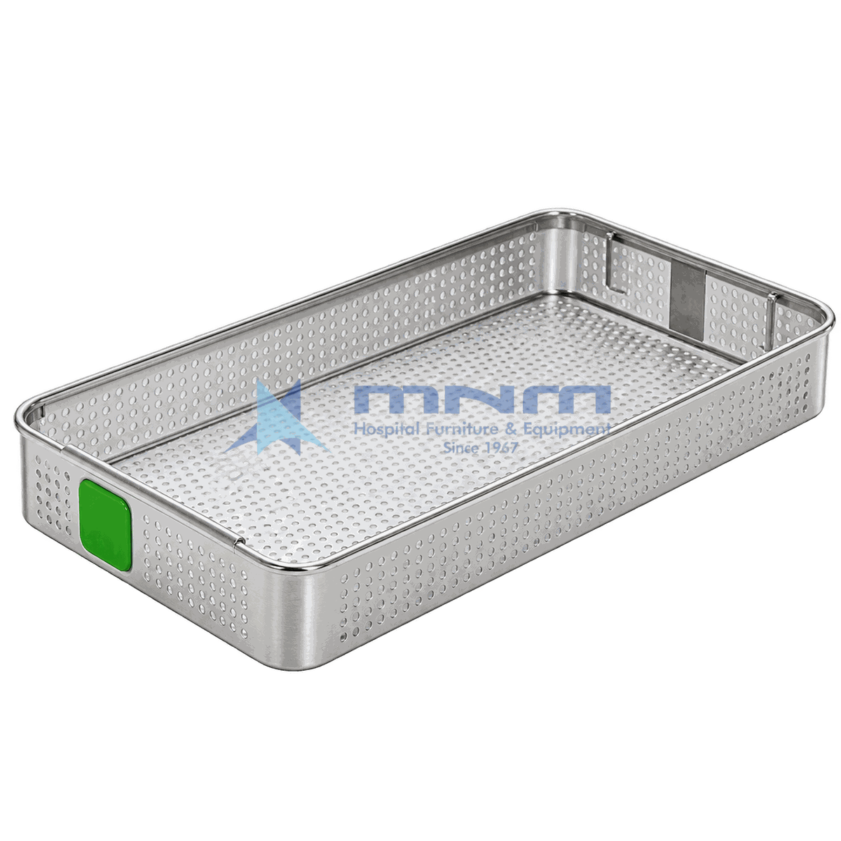 Perforated Stainless Steel Sterilization Basket with ID Clip Perforated stainless steel sterilization basket with round hole perforations on base and sides, folding handles and a green identification clip