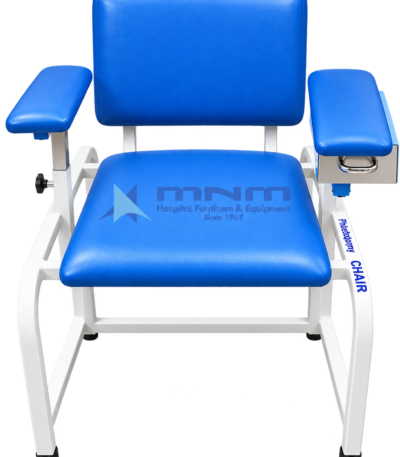Phlebotomy chair with blue upholstered seat and backrest, two padded arm supports, stainless steel drawer under the armrest and white steel frame