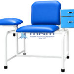 Phlebotomy chair with blue upholstered seat and backrest, padded adjustable arm support, two-drawer side cabinet and white powder-coated steel frame