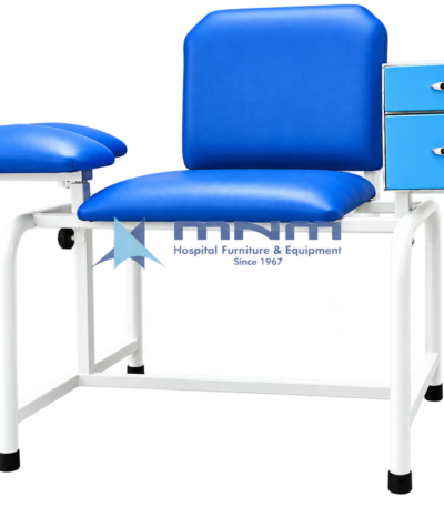 Phlebotomy chair with blue upholstered seat and backrest, padded adjustable arm support, two-drawer side cabinet and white powder-coated steel frame