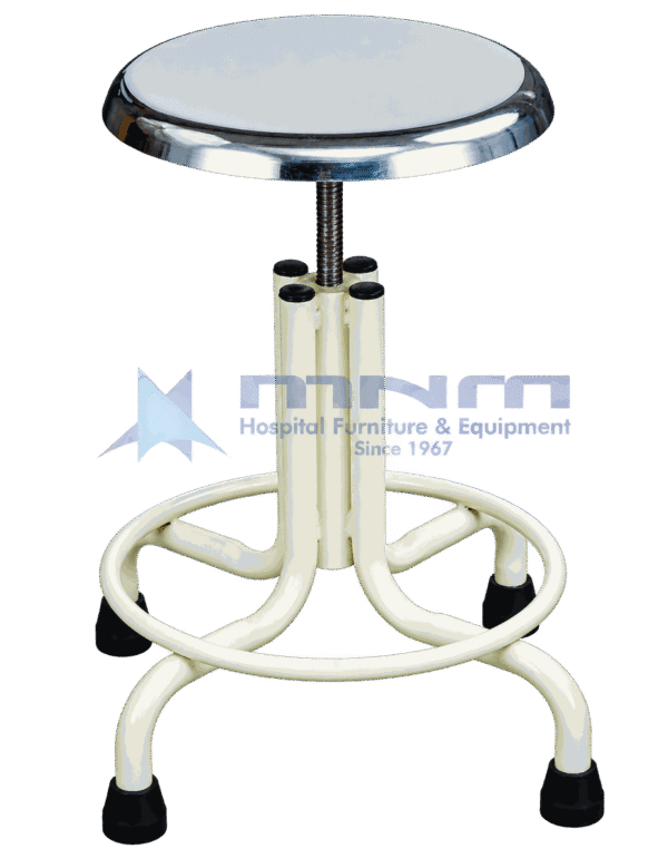 Revolving medical stool with a stainless steel seat on a cream powder-coated four leg frame with looped footring, screw height adjustment and rubber feet