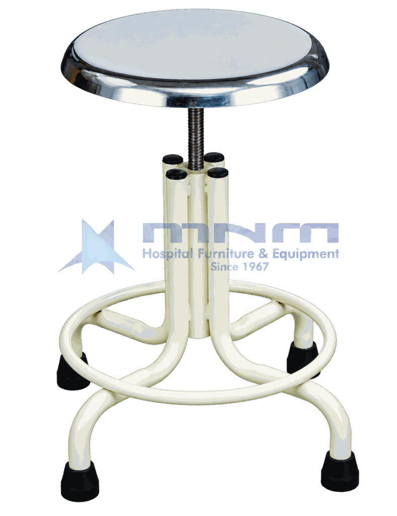 Revolving medical stool with a stainless steel seat on a cream powder-coated four leg frame with looped footring, screw height adjustment and rubber feet