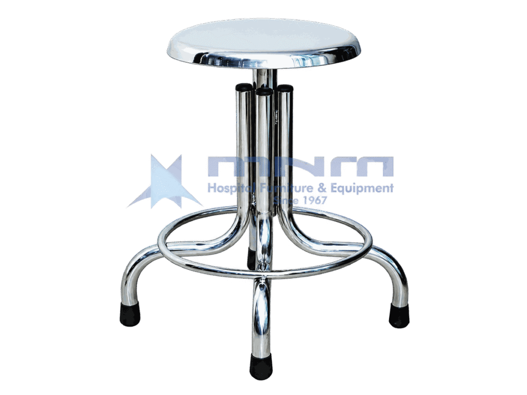 Stainless steel revolving stool with polished seat, four leg chrome frame with looped footring, screw height adjustment and rubber feet