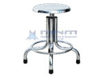 Stainless steel revolving stool with polished seat, four leg chrome frame with looped footring, screw height adjustment and rubber feet