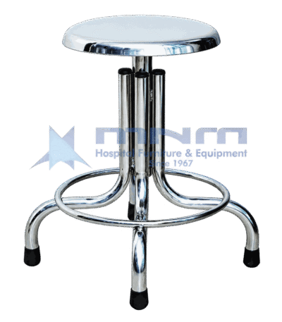 Stainless steel revolving stool with polished seat, four leg chrome frame with looped footring, screw height adjustment and rubber feet