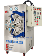 Semi automatic autoclave with radial arm locking door, central hand wheel, blue swing hinge, stainless steel body and lockable castors