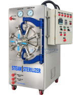 Semi automatic autoclave with vacuum, stainless steel cabinet, side-mounted basic control panel with temperature controller, sterilization timer, indicator lamps and emergency stop