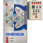 Front view of semi automatic horizontal steam sterilizer with radial arm locking door, jacket and chamber pressure gauges, exhaust valves and basic control panel